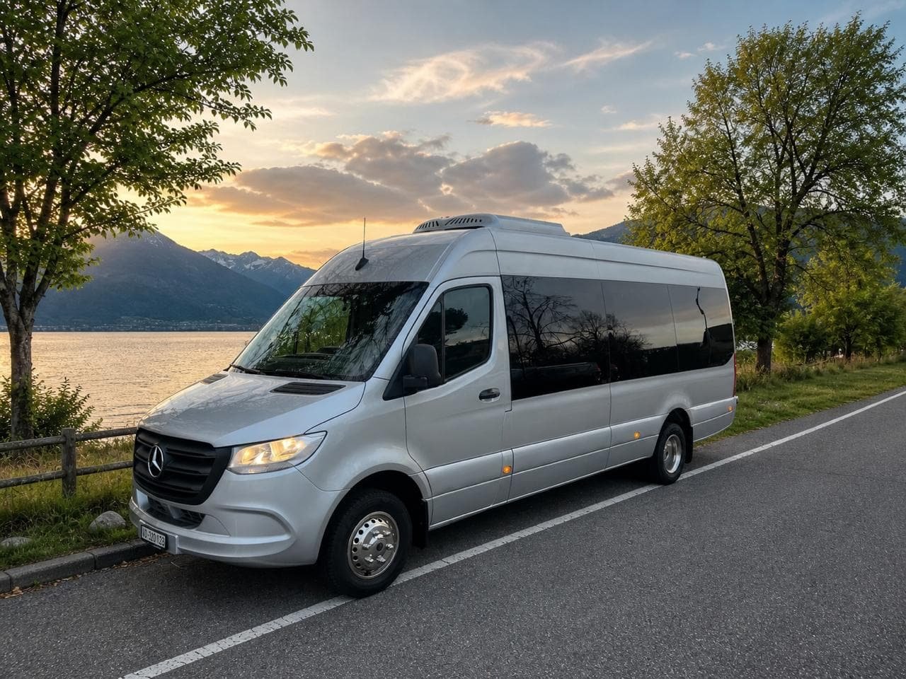 Mercedes Sprinter argent au bord du lac Majeur, lumière du couchant sur les montagnes