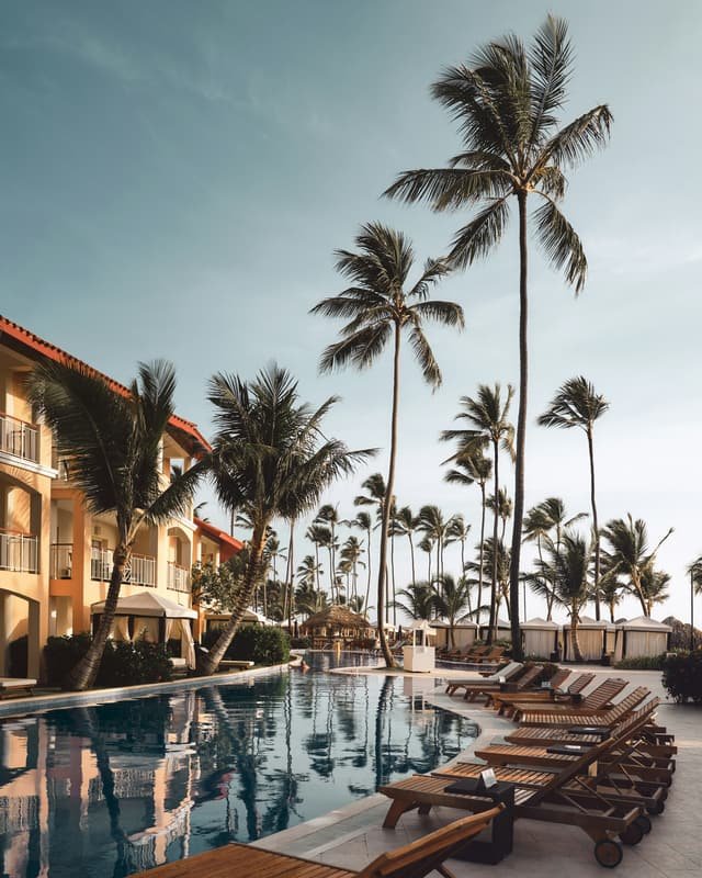 Piscine d'un hôtel de prestige bordée de palmiers